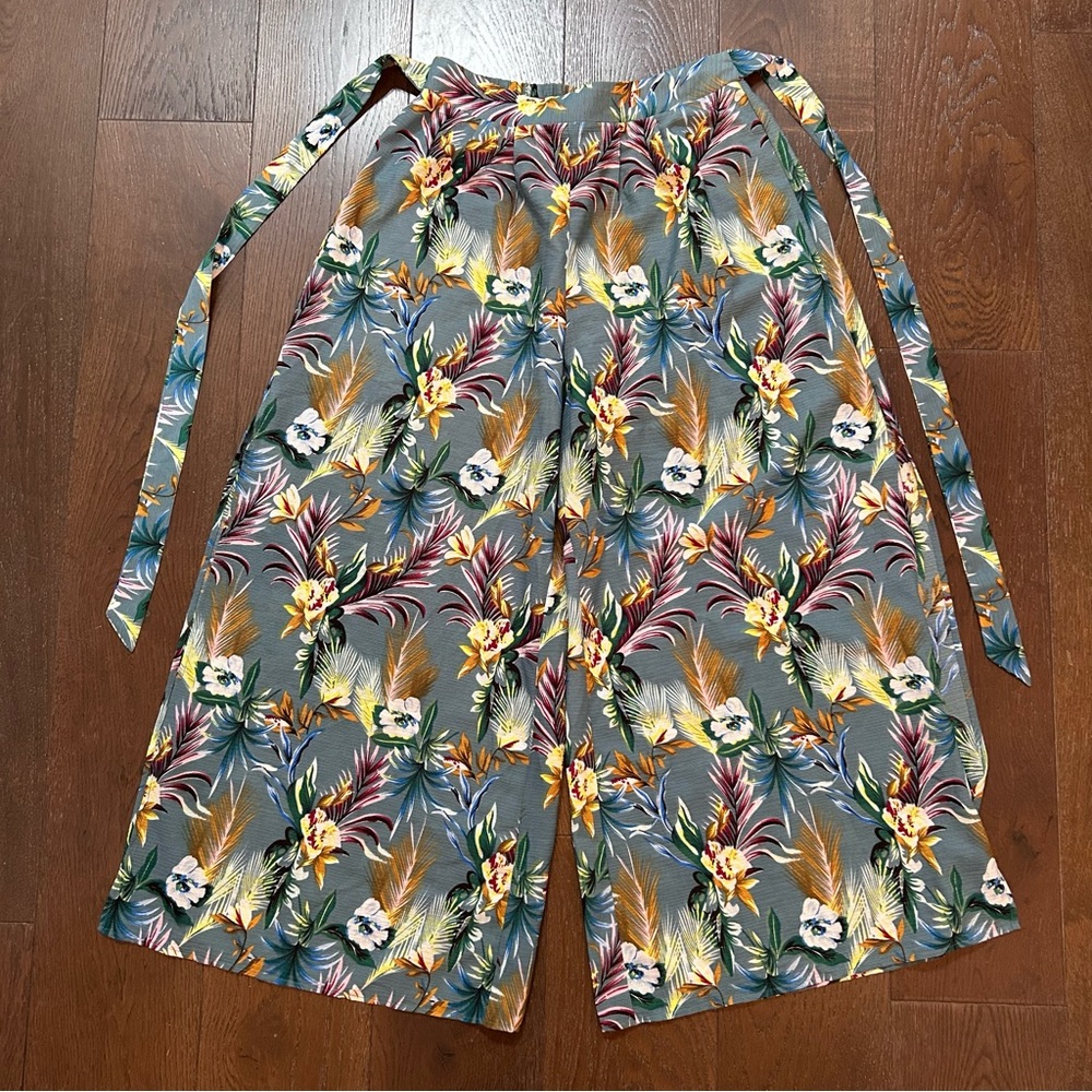 Luna Tropical Floral Sage Green Palazzo Boho Pants w/ Waist Tie Women's Large